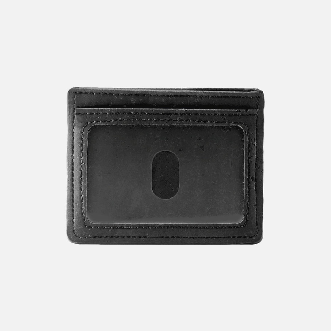 Corkor Vegan Cork Slim Cardholder in black, rear view showing clear ID window and fine stitching, eco-friendly vegan design