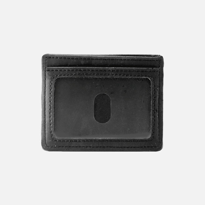 Corkor Vegan Cork Slim Cardholder in black, rear view showing clear ID window and fine stitching, eco-friendly vegan design