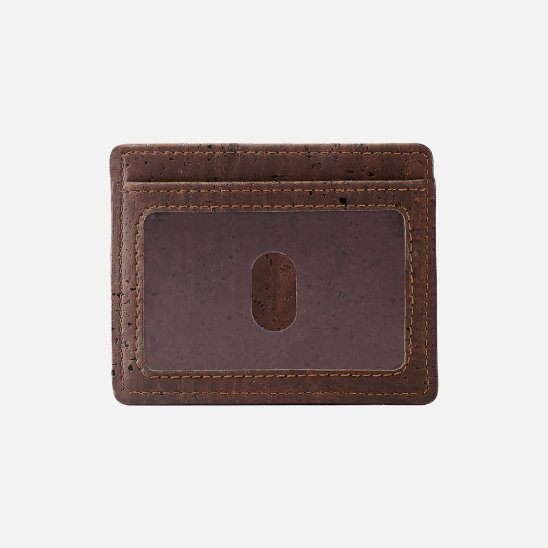 Corkor Vegan Cork Slim Cardholder in dark brown, rear view showing clear ID window and fine stitching, eco-friendly vegan design