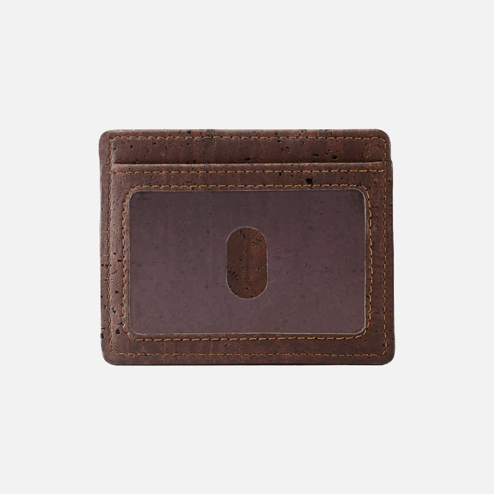 Corkor Vegan Cork Slim Cardholder in dark brown, rear view showing clear ID window and fine stitching, eco-friendly vegan design