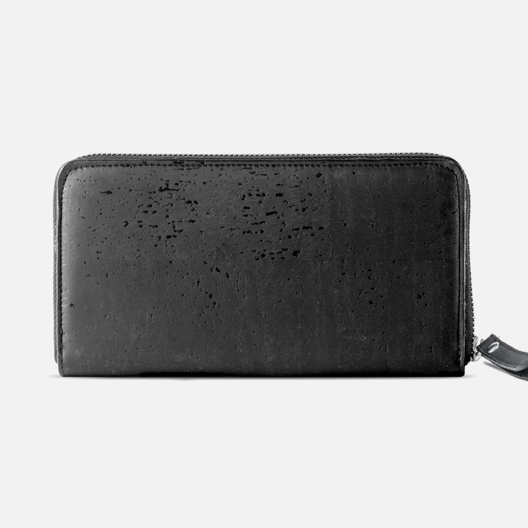 Back view of Corkor Vegan Cork Women's Long Wallet in black, emphasizing its minimalist and eco-friendly cork texture.