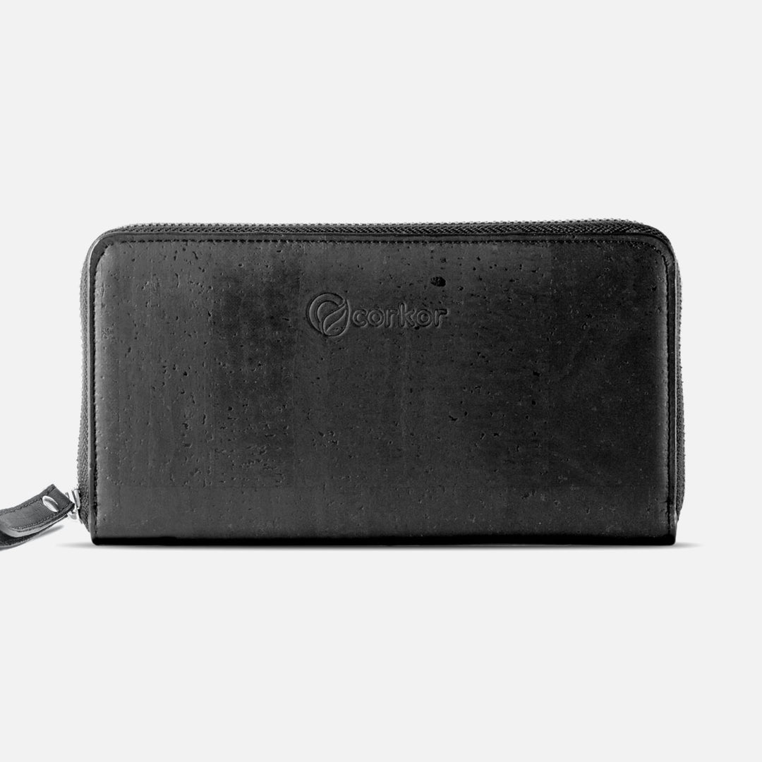 Front view of Corkor Vegan Cork Women's Long Wallet in black, featuring a sleek zip-around design and eco-friendly cork material.