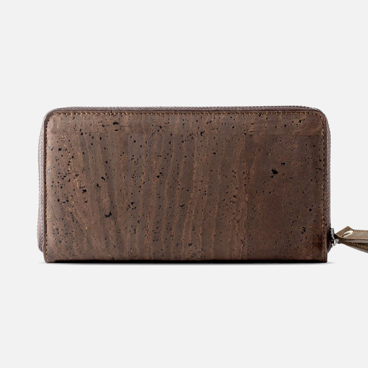 Back view of Corkor Vegan Cork Women's Long Wallet in dark brown, emphasizing its minimalist and eco-friendly cork texture.