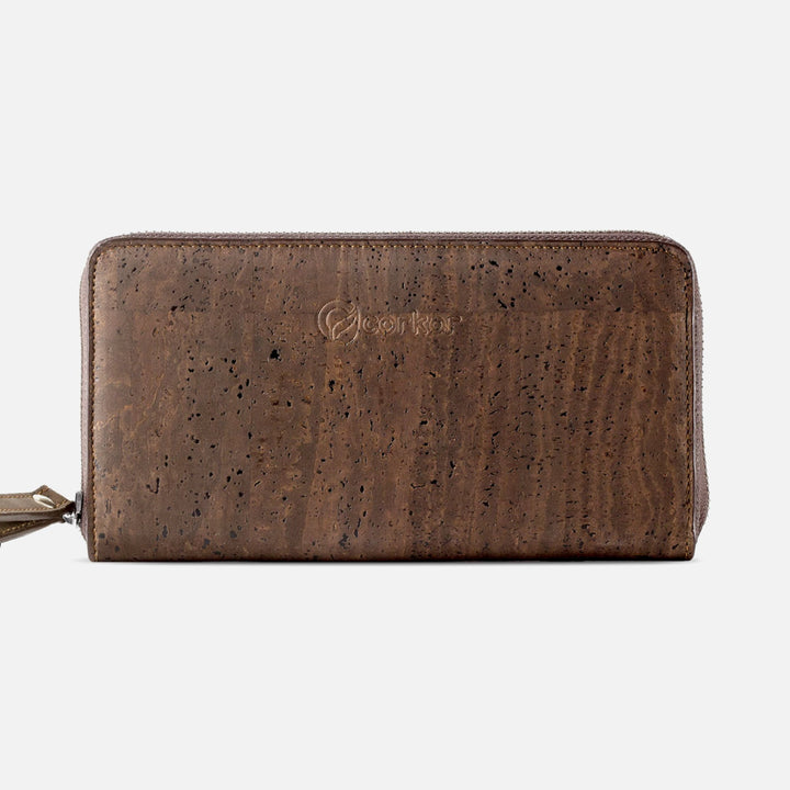 Front view of Corkor Vegan Cork Women's Long Wallet in dark brown, featuring a sleek zip-around design and eco-friendly cork material.