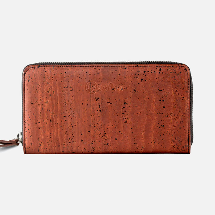 Front view of Corkor Vegan Cork Women's Long Wallet in red, featuring a sleek zip-around design and eco-friendly cork material.