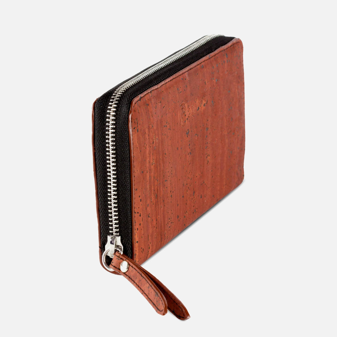 Side view of Corkor Vegan Cork Women's Long Wallet in red, highlighting its zip-around closure and durable eco-friendly material.