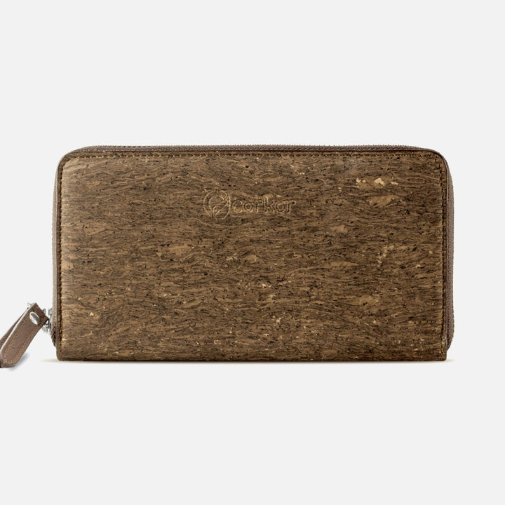 Front view of Corkor Vegan Cork Women's Long Wallet in trunk finish, showcasing its natural cork texture and eco-friendly design.