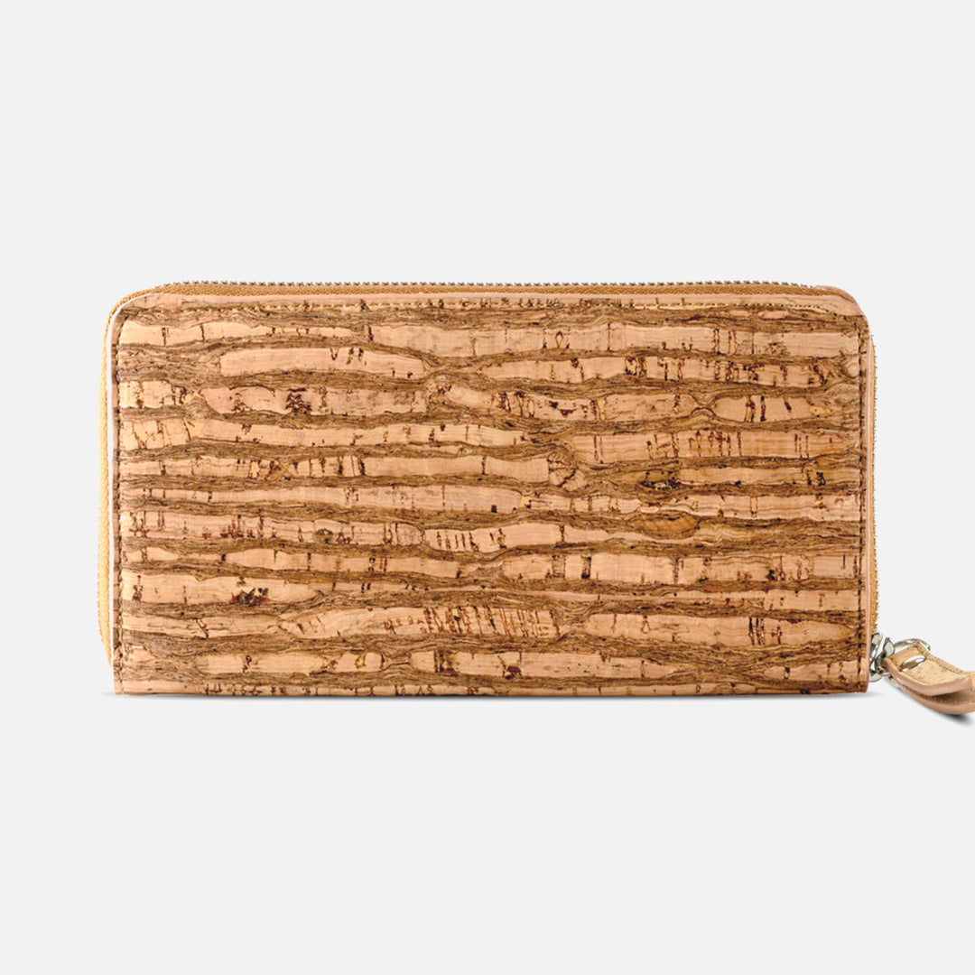 Back view of Corkor Vegan Cork Women's Long Wallet in zebra finish, highlighting its distinctive cork texture and sustainable design.