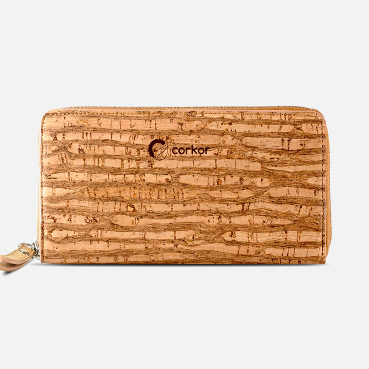 Front view of Corkor Vegan Cork Women's Long Wallet in zebra finish, showcasing its unique cork texture and eco-friendly design.