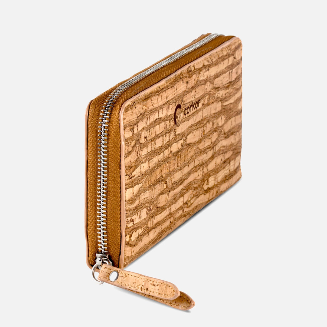 Side view of Corkor Vegan Cork Women's Long Wallet in zebra finish, showcasing its zip-around closure and sustainable material.