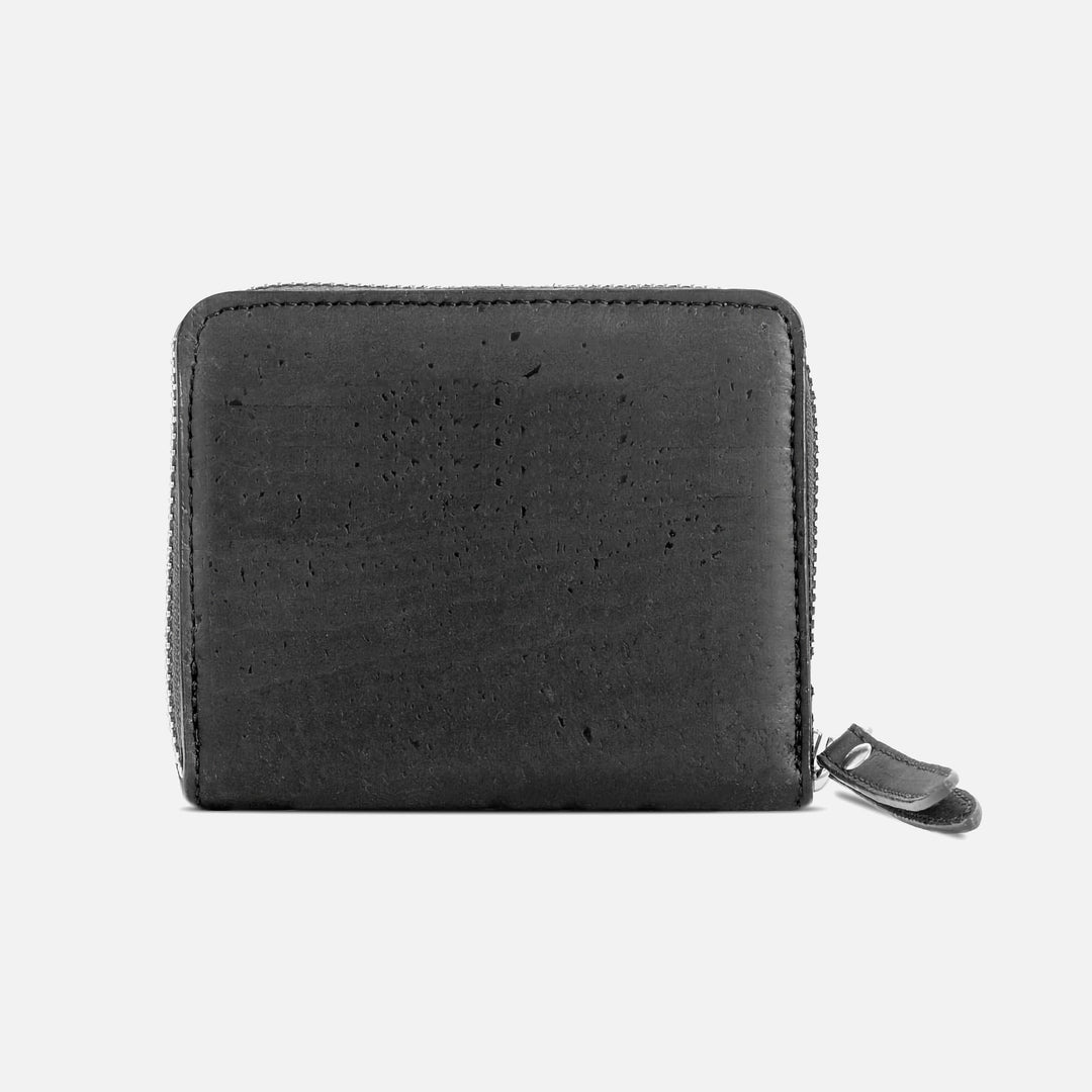Corkor black cork square wallet back view with zip-around closure and stitched pull tabs