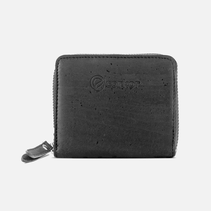 Corkor black cork square wallet with zip-around closure and logo, front view
