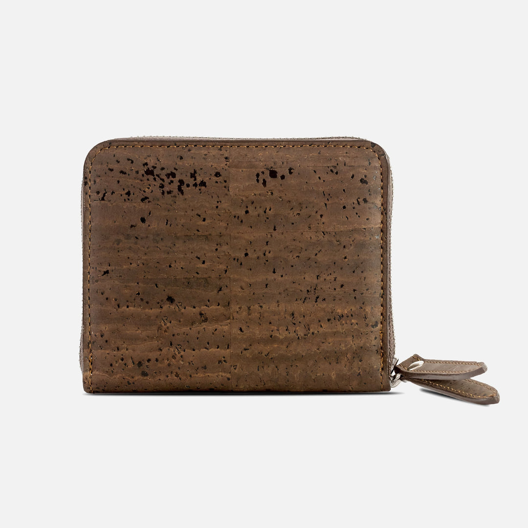 Corkor dark brown cork square wallet back view with zip-around closure and stitched pull tabs