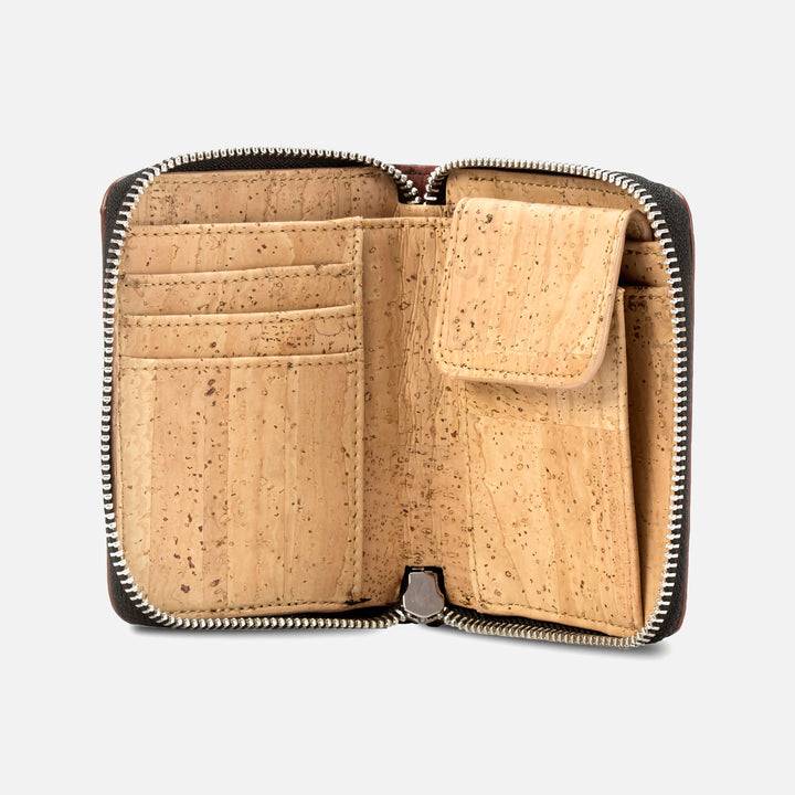 Open Corkor dark brown cork square wallet showing card slots, zip-around edge and snap coin pocket