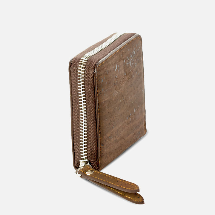 Corkor dark brown square wallet side view with zip-around closure and stitched pull tabs