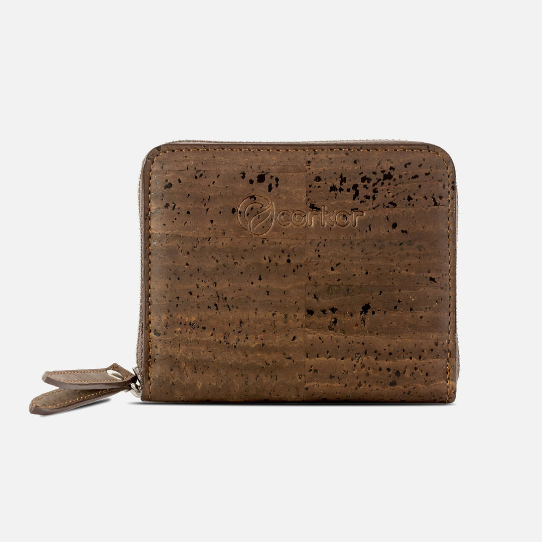 Corkor dark brown cork square wallet with zip-around closure and logo, front view