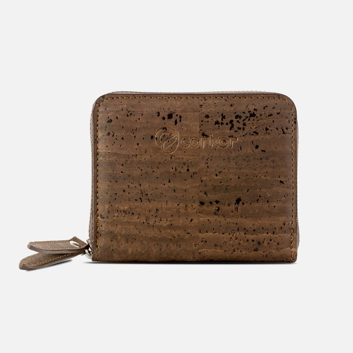 Corkor dark brown cork square wallet with zip-around closure and logo, front view