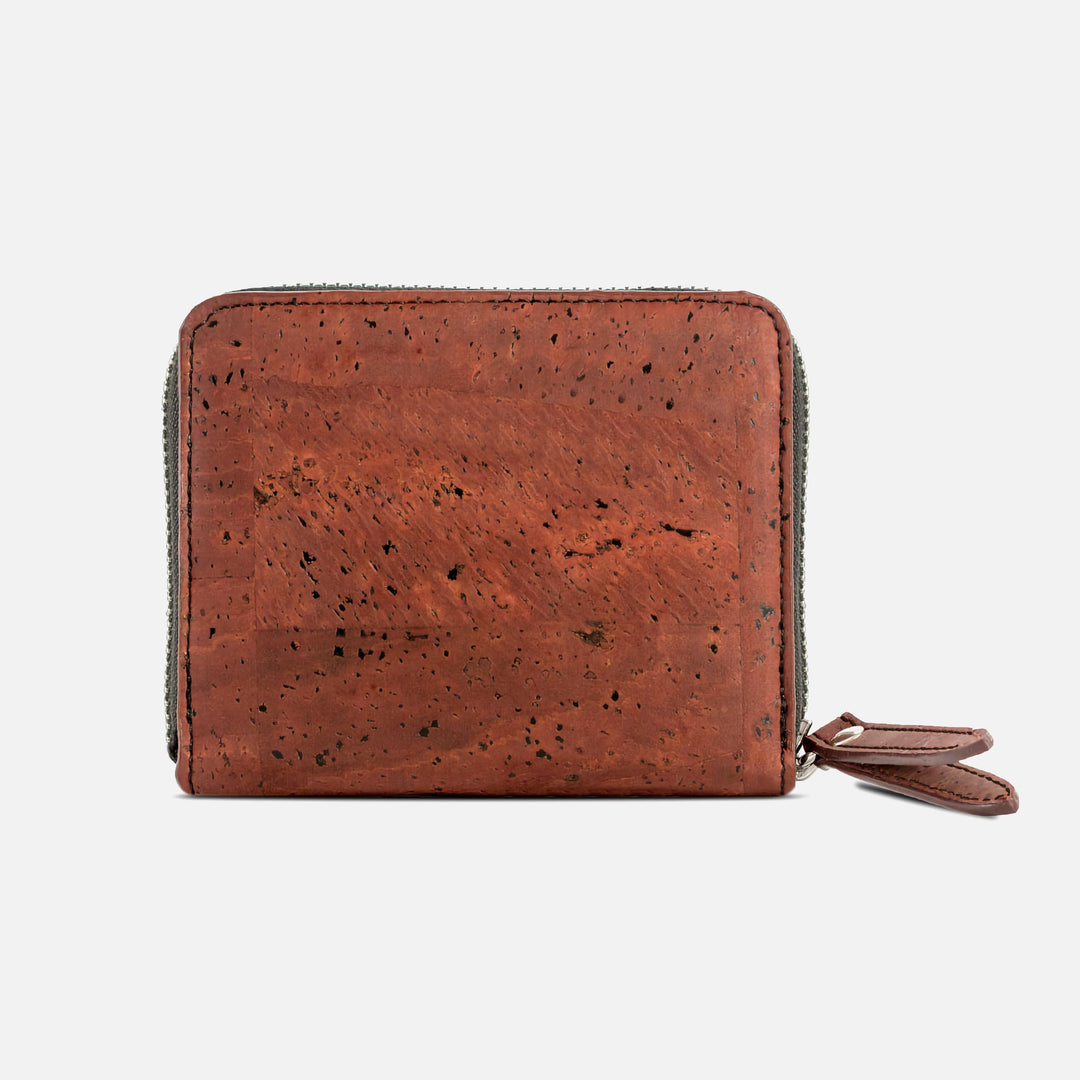 Corkor red cork square wallet back view with zip-around closure and stitched pull tabs