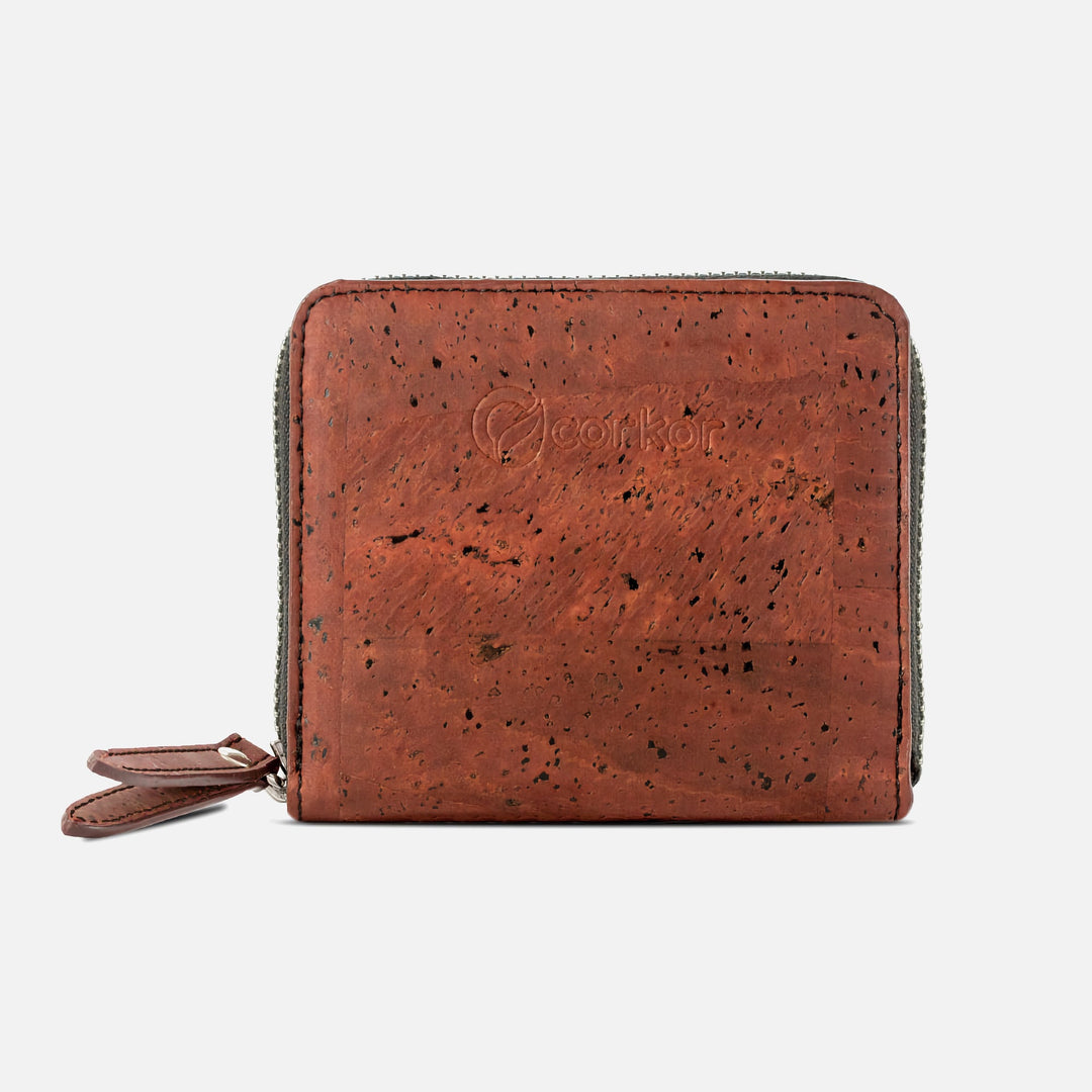 Corkor red cork square wallet with zip-around closure and logo, front view
