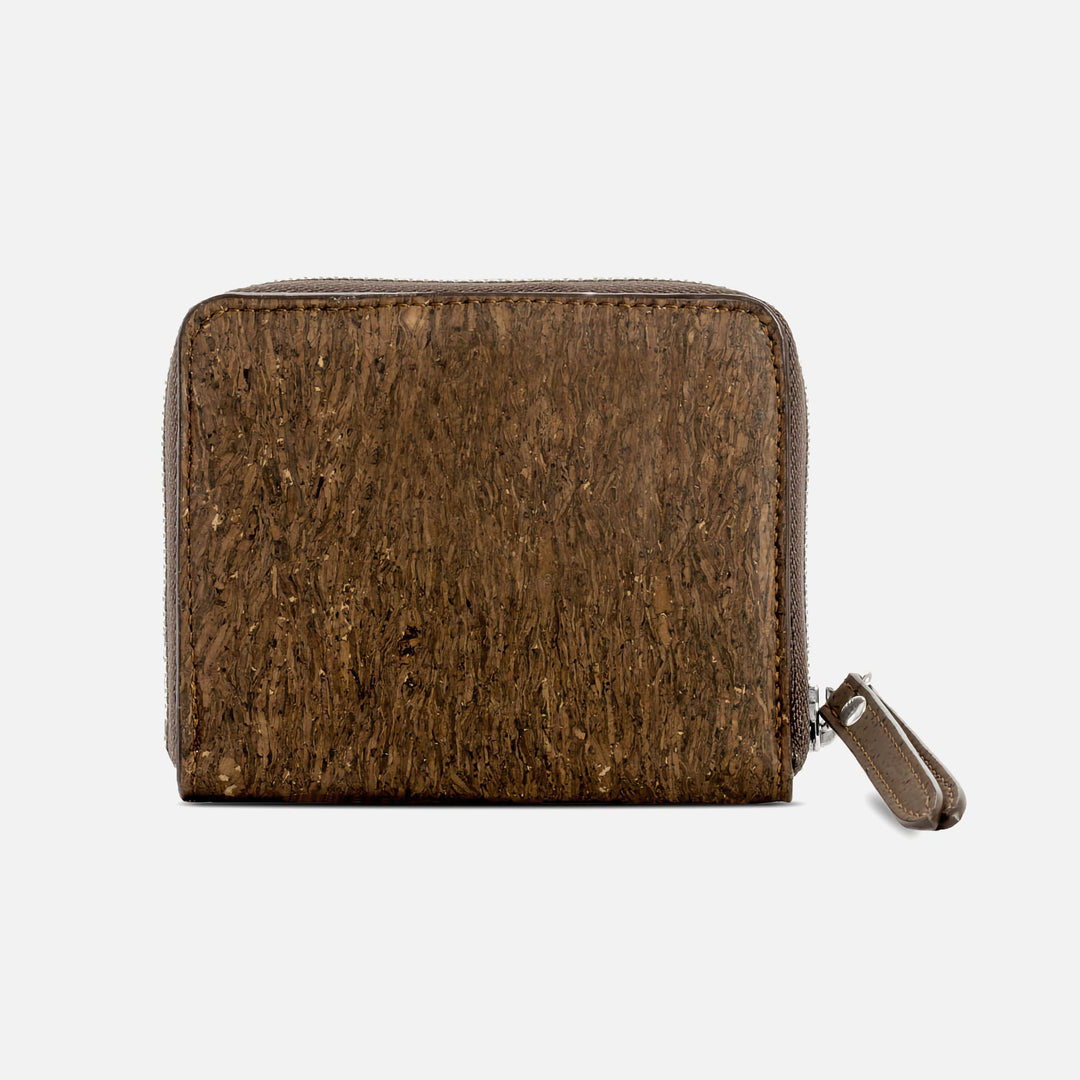 Corkor trunk cork square wallet back view with zip-around edge and stitched pull tab