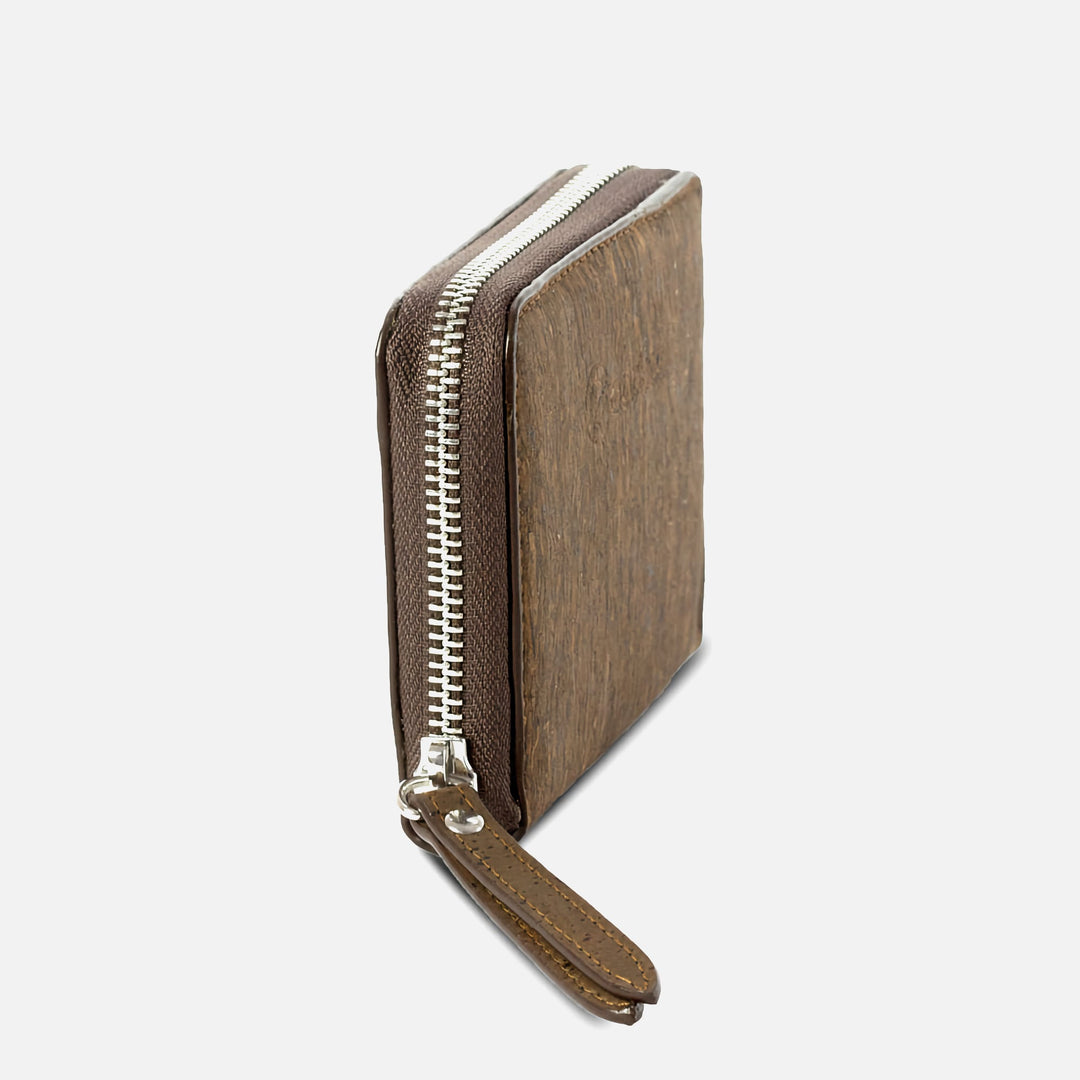 Corkor trunk square wallet side view with zip-around closure and stitched pull tabs
