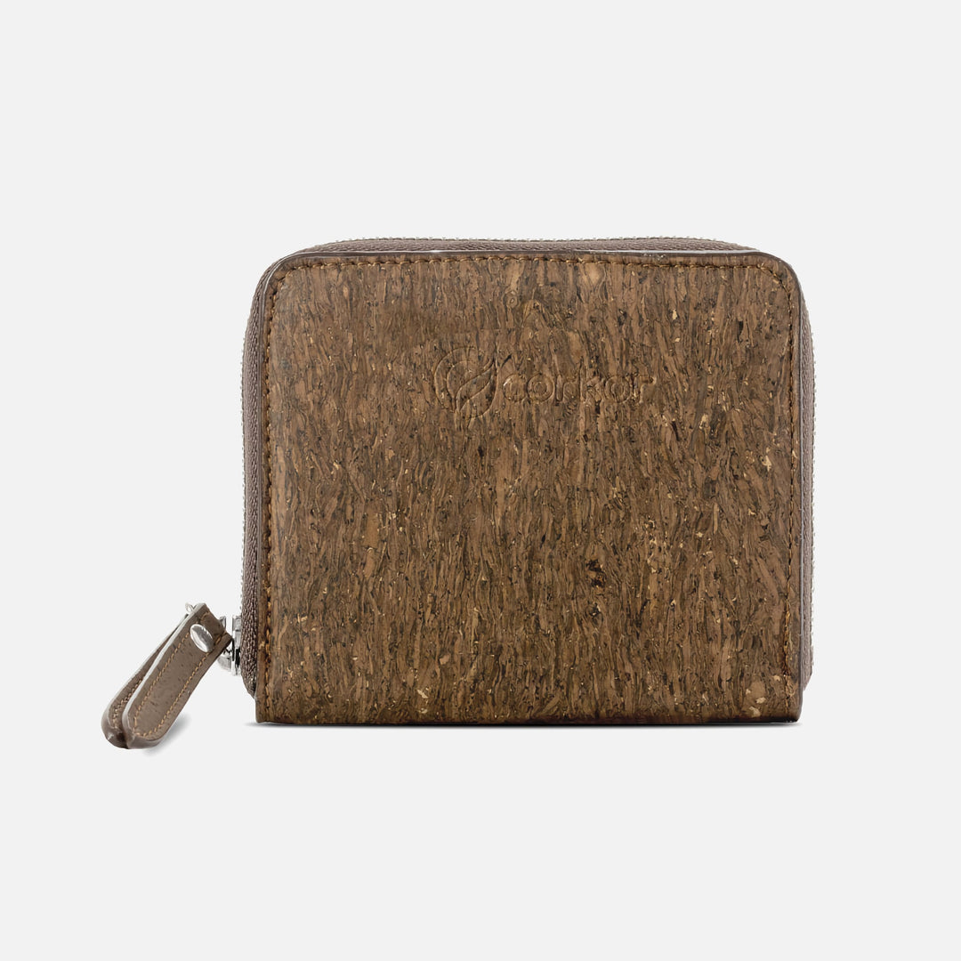 Corkor trunk brown cork square wallet front view with logo, zip edge and stitched pull tab