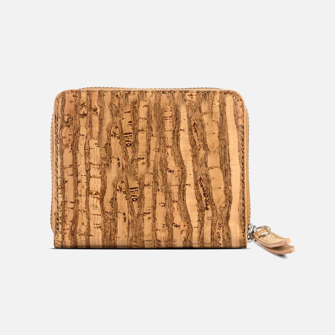 Corkor Zebra cork square wallet back view with natural striped texture, zip edge and stitched pull tab