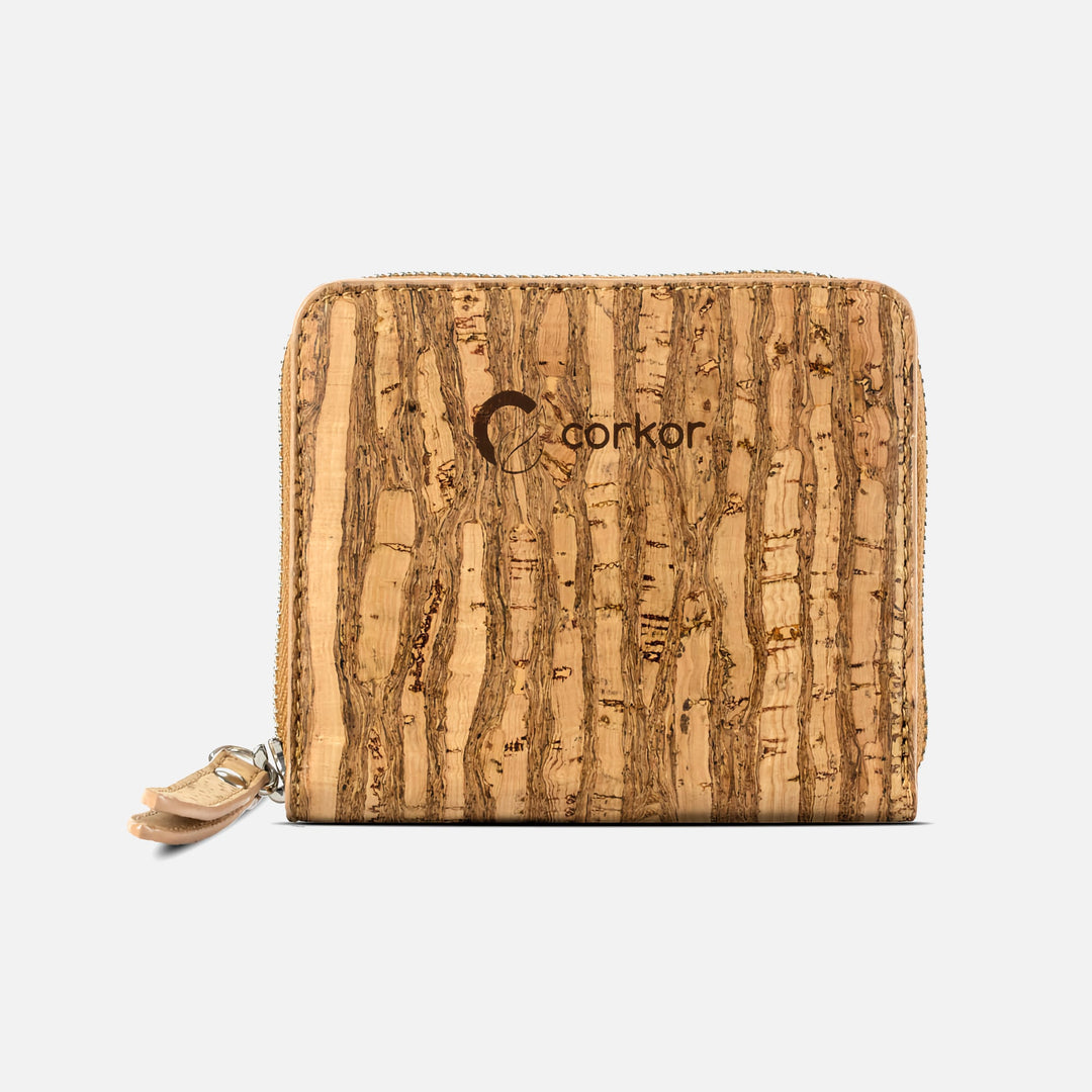 Corkor Zebra cork square wallet front view with striped natural texture, logo and zip-around edge