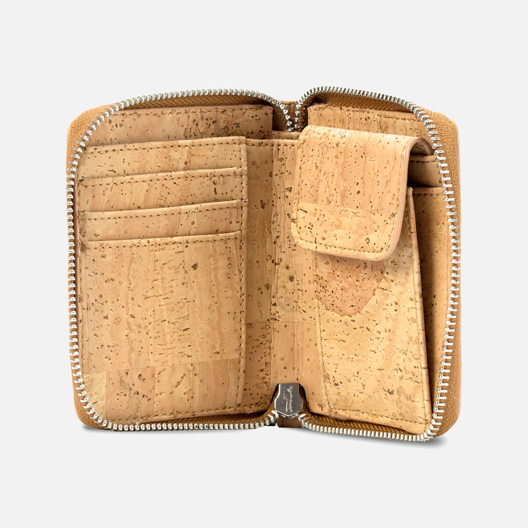 Open Corkor Zebra cork square wallet showing card slots, snap coin pocket and zip-around closure