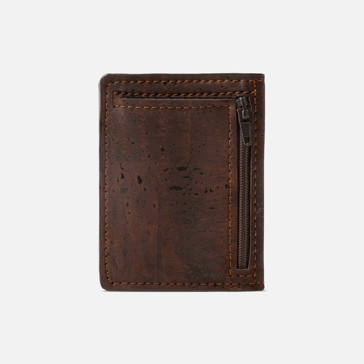 Corkor Vegan Cork Slim Wallet with Coin Pocket, back View. Showcasing a zippered compartment.