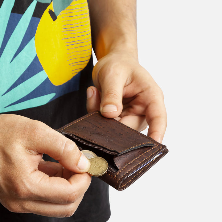 Dark brown Corkor wallet with a zippered coin pocket.