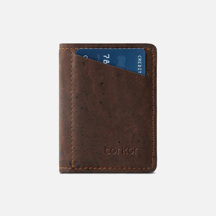 Front view of Corkor Vegan Cork Slim Wallet with Coin Pocket, dark brown, minimalist design, holds cards and coins.