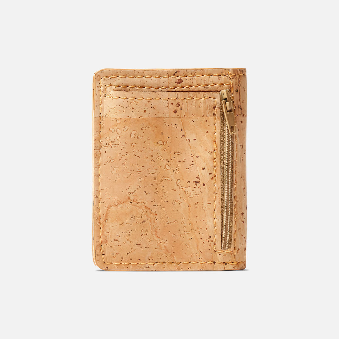 Corkor Vegan Cork Slim Wallet with Coin Pocket, back View. Showcasing a zippered compartment.