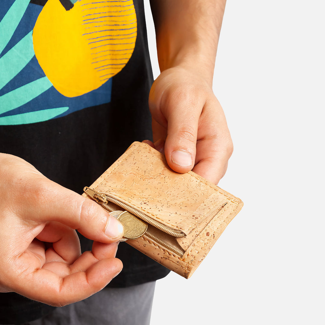 Light brown Corkor wallet with a zippered coin pocket.