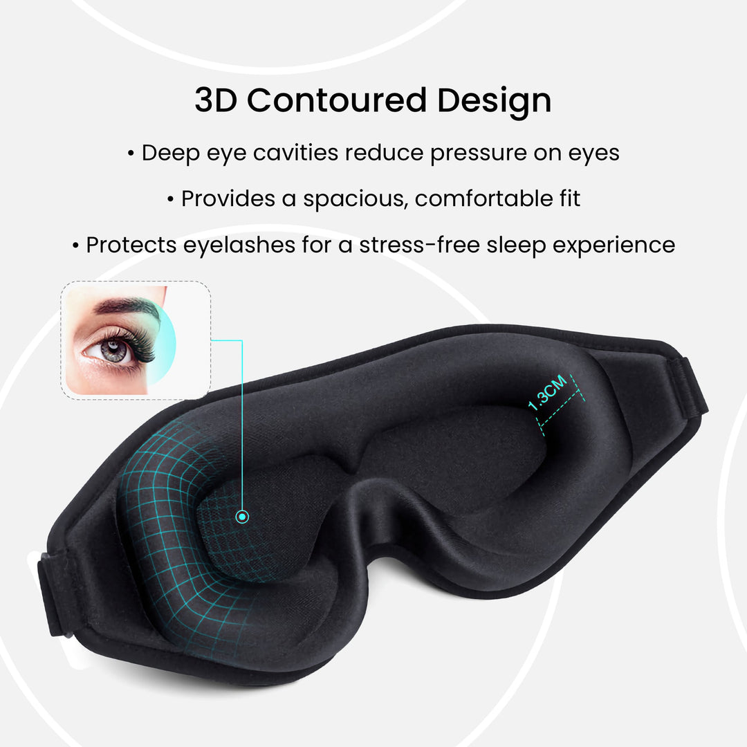 DreamEase Sleep Mask with 3D contoured design, featuring deep eye cavities for reduced pressure, spacious fit, and eyelash protection for stress-free sleep.