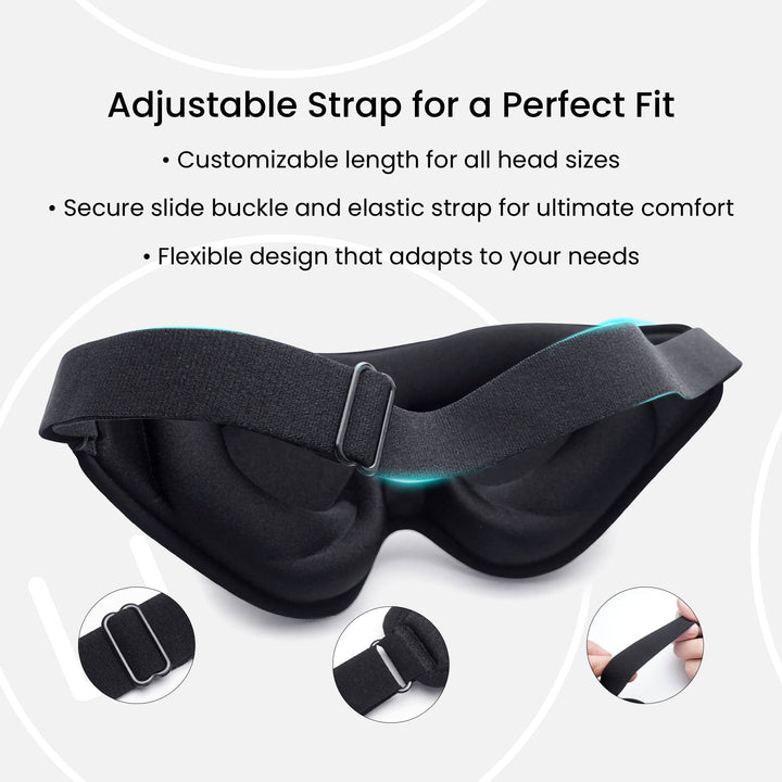 DreamEase 3D Sleep Mask with an adjustable strap for a perfect fit, featuring a customizable length, secure buckle, and elastic design for ultimate comfort.