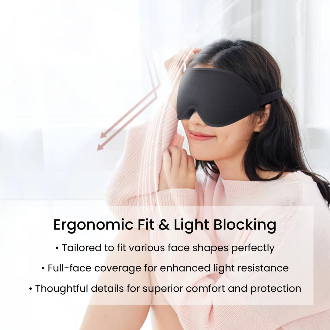 DreamEase Sleep Mask with ergonomic fit, tailored for various face shapes, offering full-face coverage and enhanced light blocking for superior comfort.