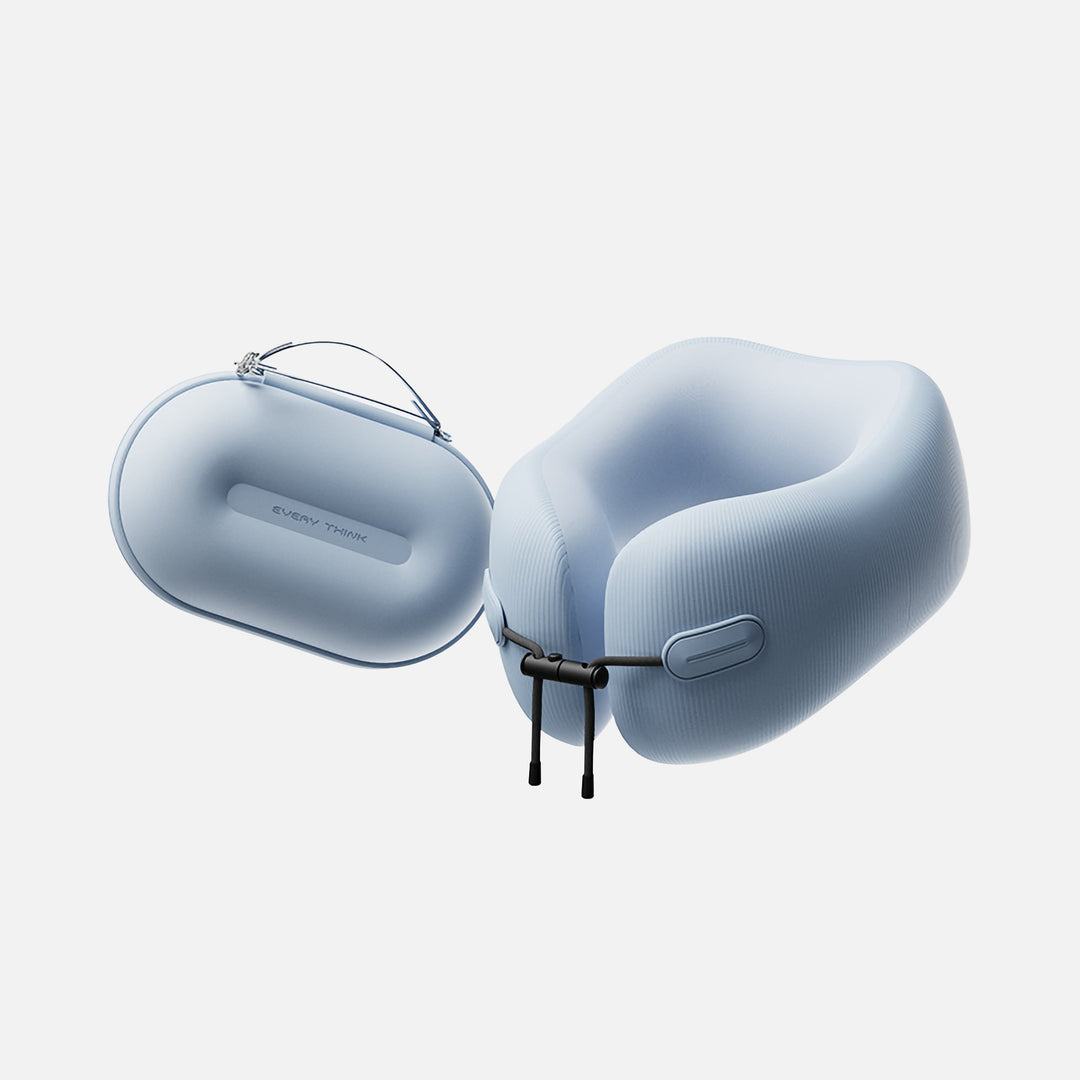 EVERYTHINK EC3 foldable memory foam neck pillow with open travel case in Clear Sky Blue