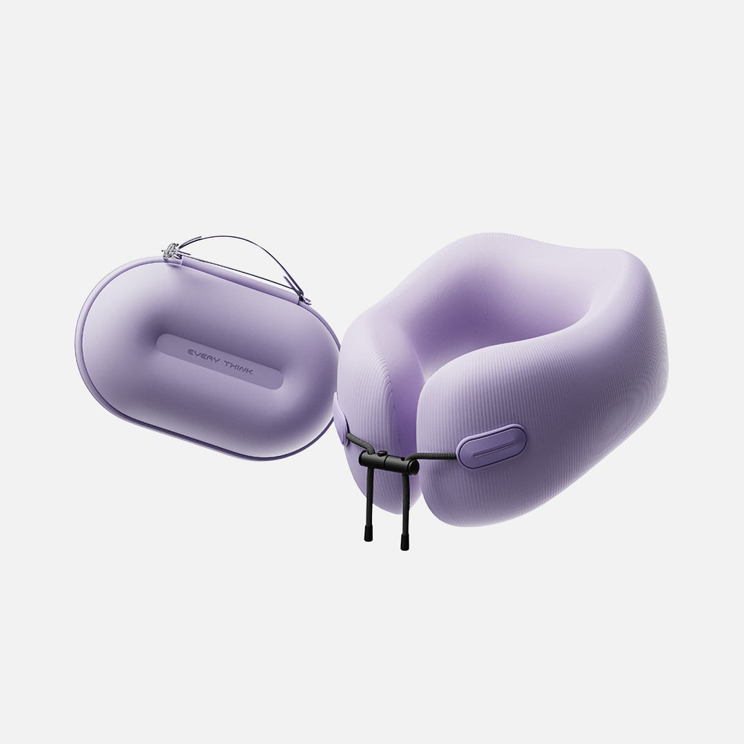 EVERYTHINK EC3 foldable travel neck pillow in Lavender Mist with matching case, ideal for stylish and lightweight travel