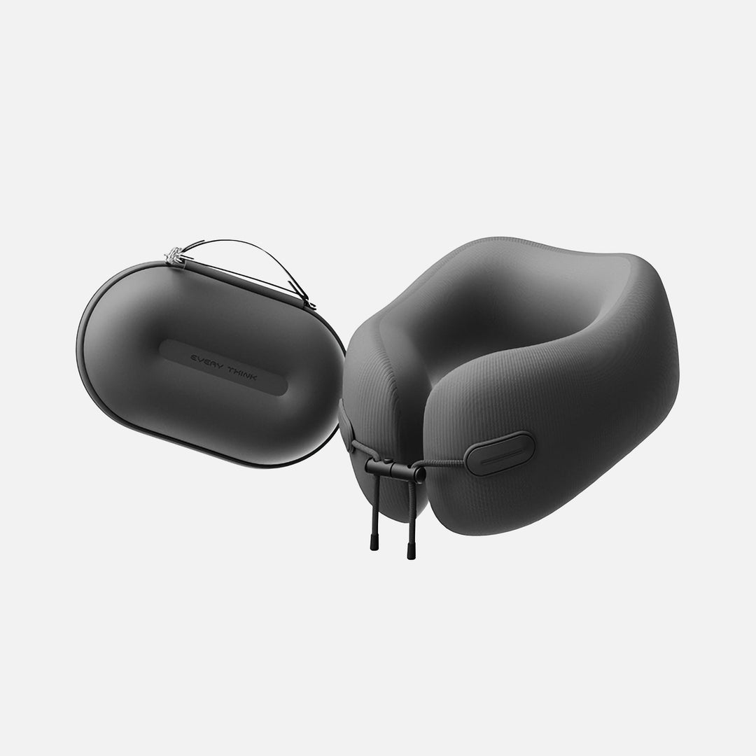 EVERYTHINK EC3 foldable travel neck pillow in Obsidian Black with matching compact storage case