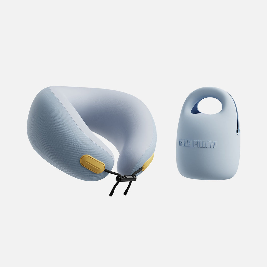 EVERYTHINK ES2 Mini kids U-shaped neck pillow in sky blue with matching portable travel case for comfort on the go