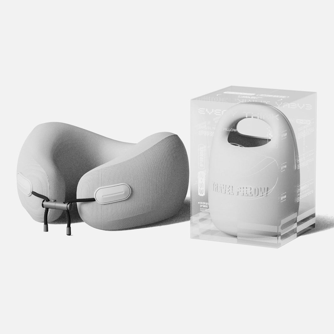EVERYTHINK ES2 gray travel neck pillow with adjustable strap and ergonomic design, shown with retail packaging
