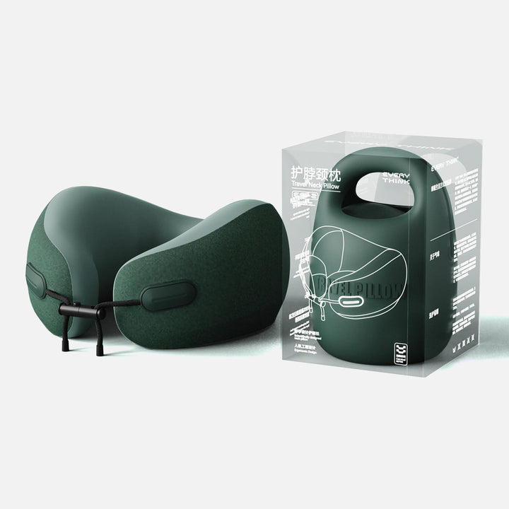 EVERYTHINK ES2 green travel neck pillow with compact case and clear eco-friendly packaging shown together