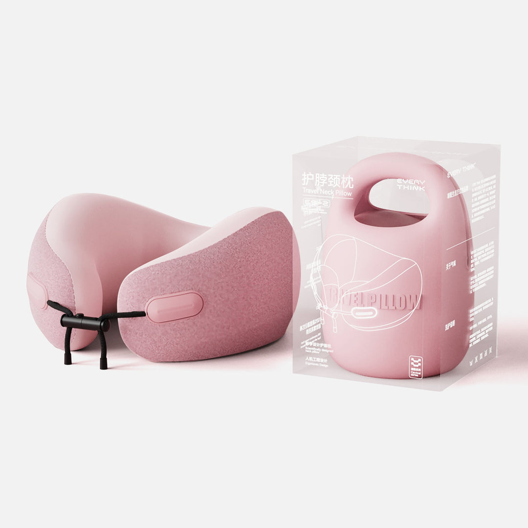 EVERYTHINK ES2 pink travel neck pillow with compact case and clear eco-friendly packaging shown together