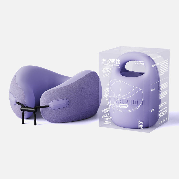 EVERYTHINK ES2 purple travel neck pillow with compact case and clear eco-friendly packaging shown together