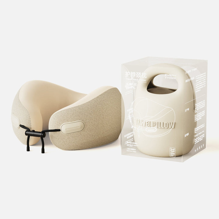 EVERYTHINK ES2 white travel neck pillow with compact case and clear eco-friendly packaging shown together
