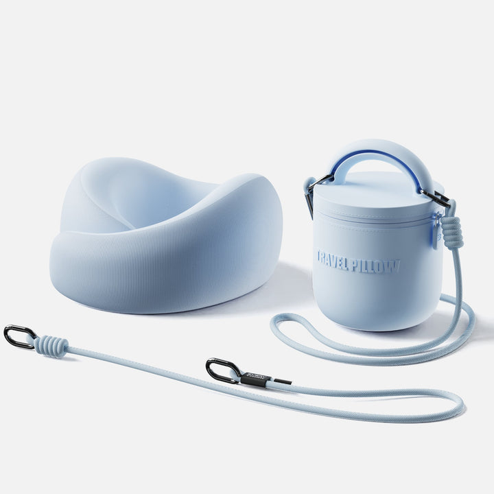 EVERYTHINK ES3 Travel U-Pillow in blue with matching case and detachable strap for compact, stylish travel comfort