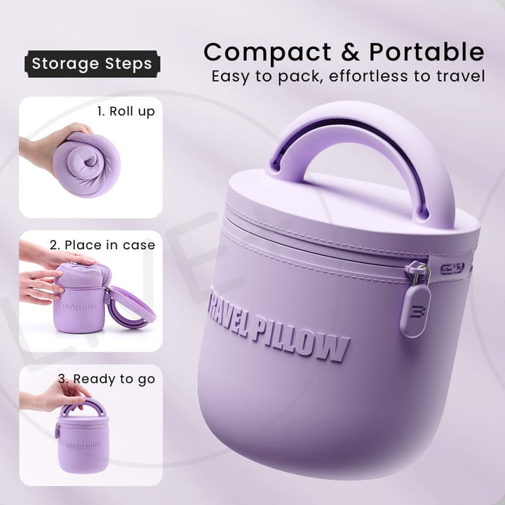 EVERYTHINK ES3 travel pillow with step-by-step guide to roll, pack, and store for compact and convenient travel