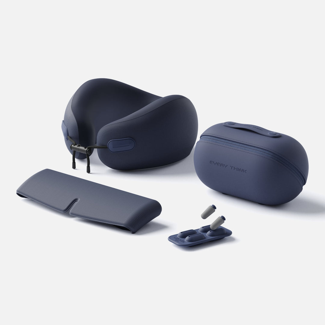 EVERYTHINK EV2 Travel Capsule set in Deep Sea Blue with neck pillow, eye mask, earplugs, and storage case