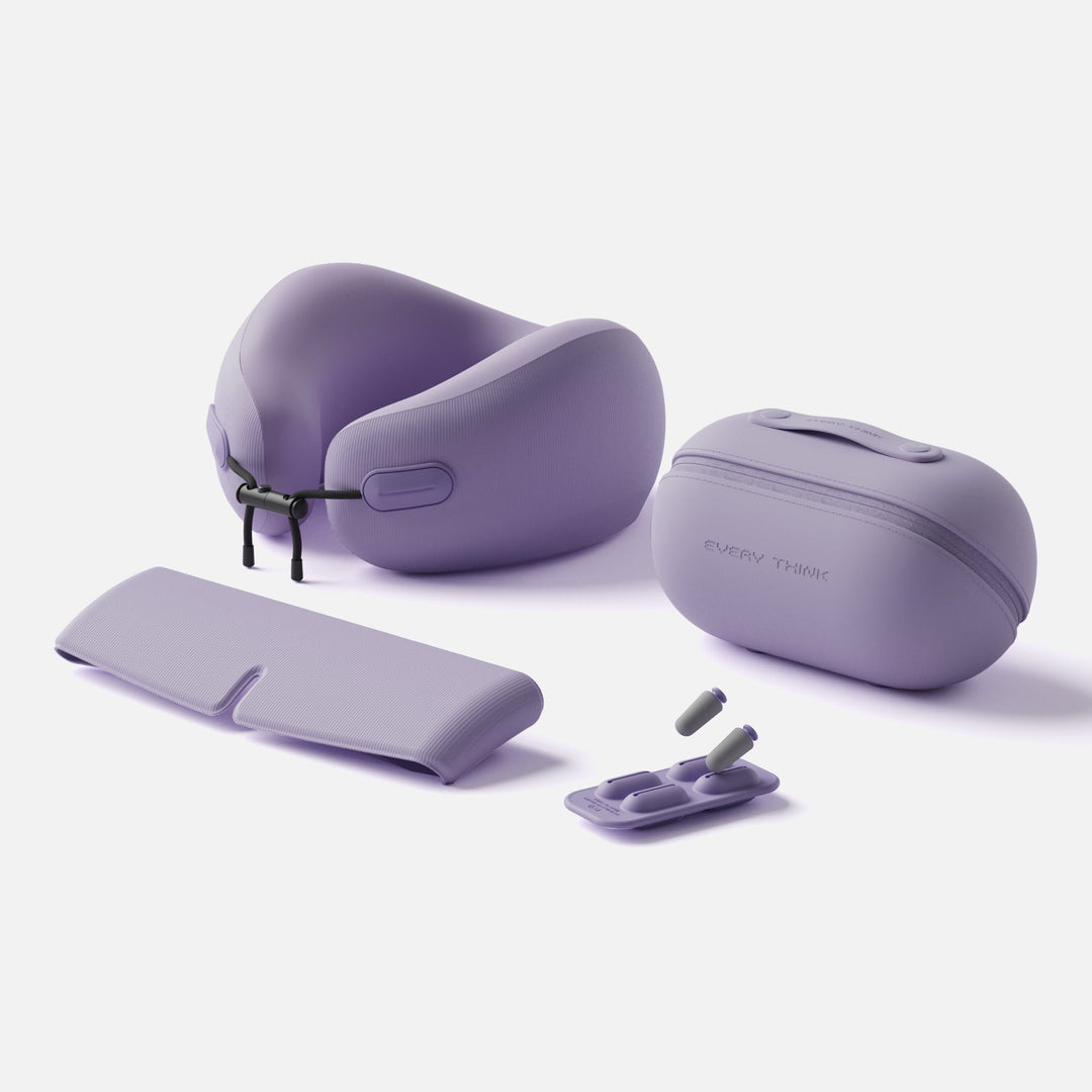 EVERYTHINK EV2 Travel Capsule set in Misty Violet with neck pillow, eye mask, earplugs, and storage case
